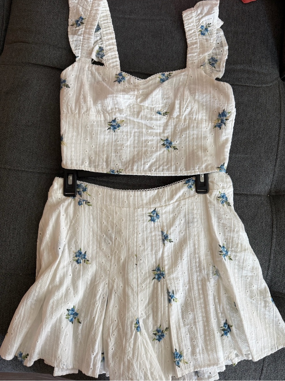 White Two-Piece Eyelet Crop Top and Shorts with Blue Floral Print